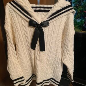 SHEIN White Cable Knit Sweater with Black Bow